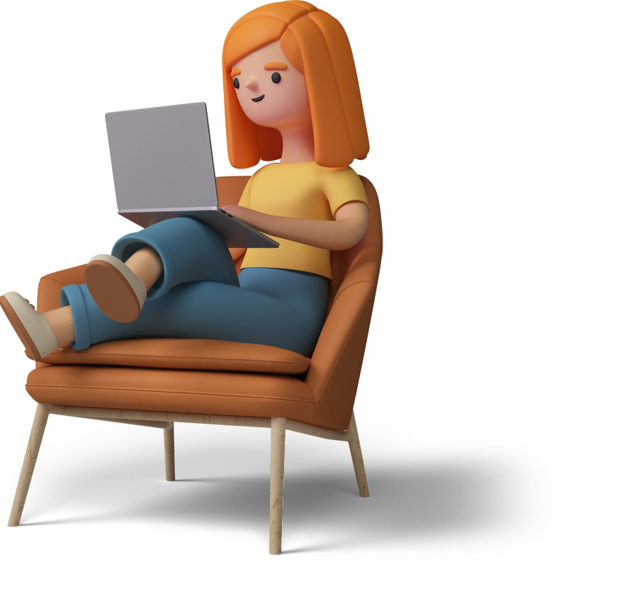 Claymation woman sitting in a chair on her laptop